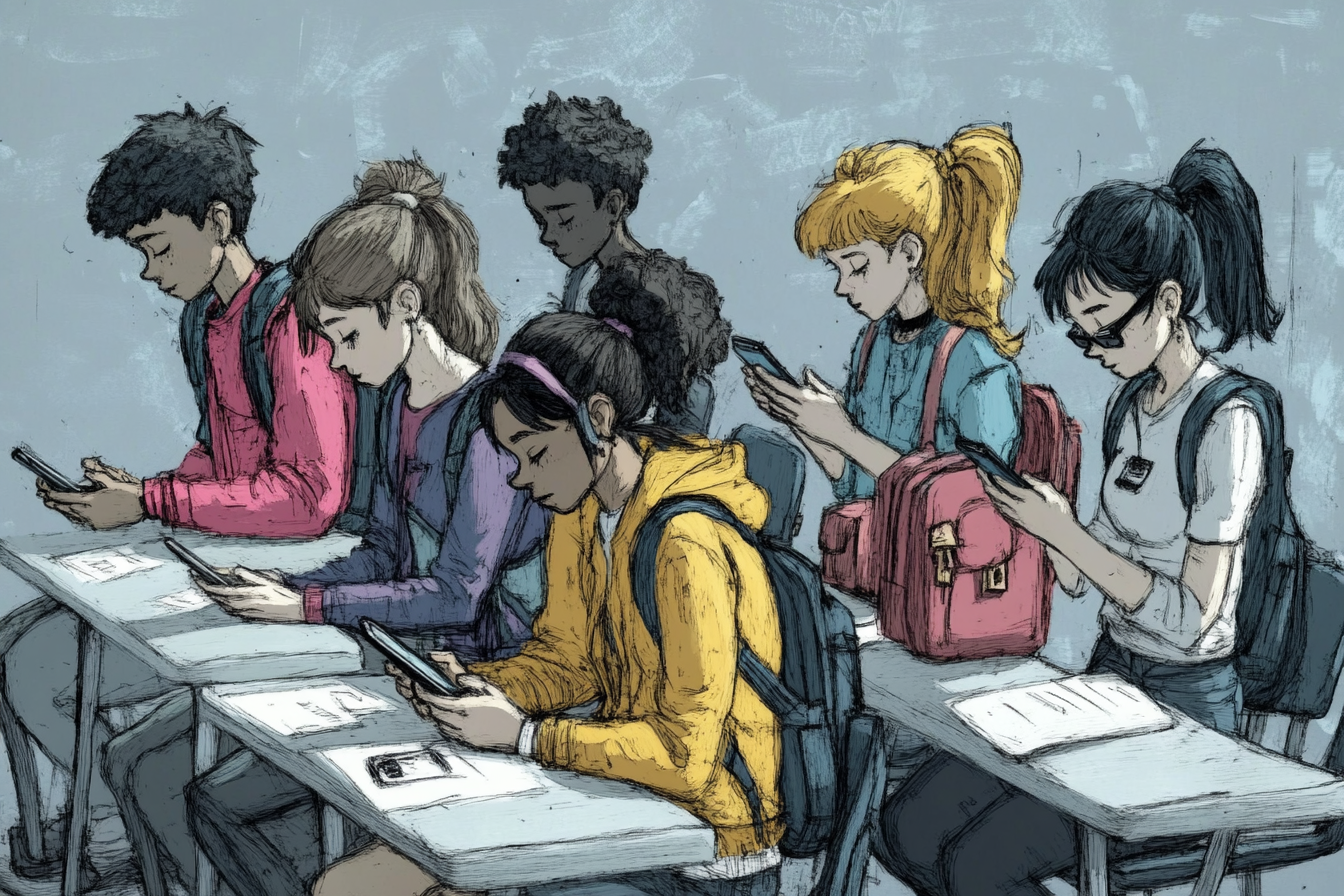 Students at desks with their work out staring at their phones.
