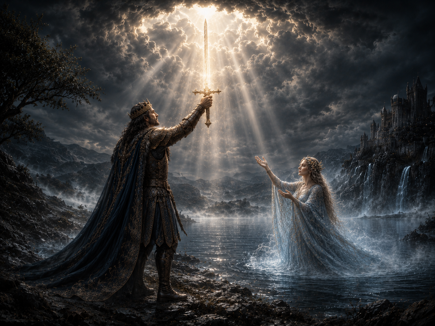 Arthur raising Excalibur on the lakeshore